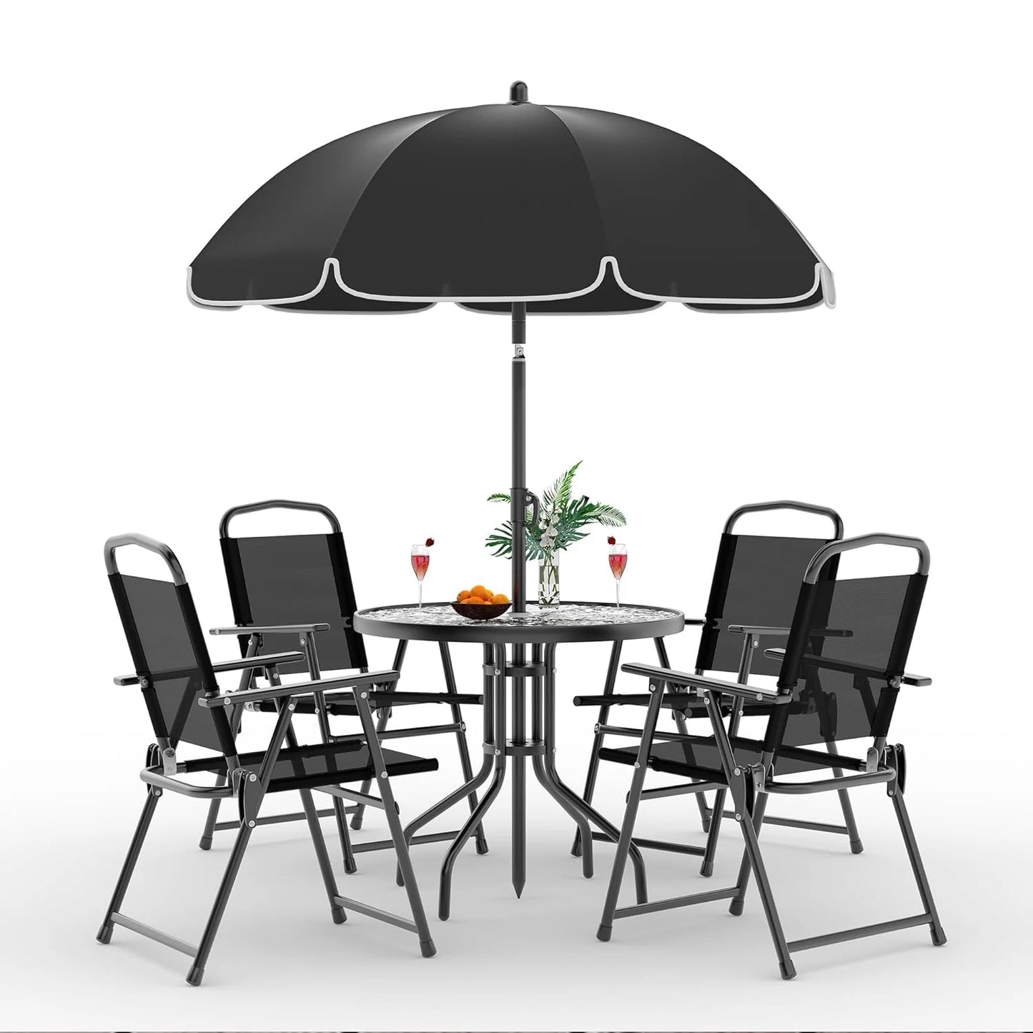 6 Piece Patio Dining Set for 4 with Umbrella, Outdoor Table and Chairs with 4 Folding Dining Chairs & Round Glass Table