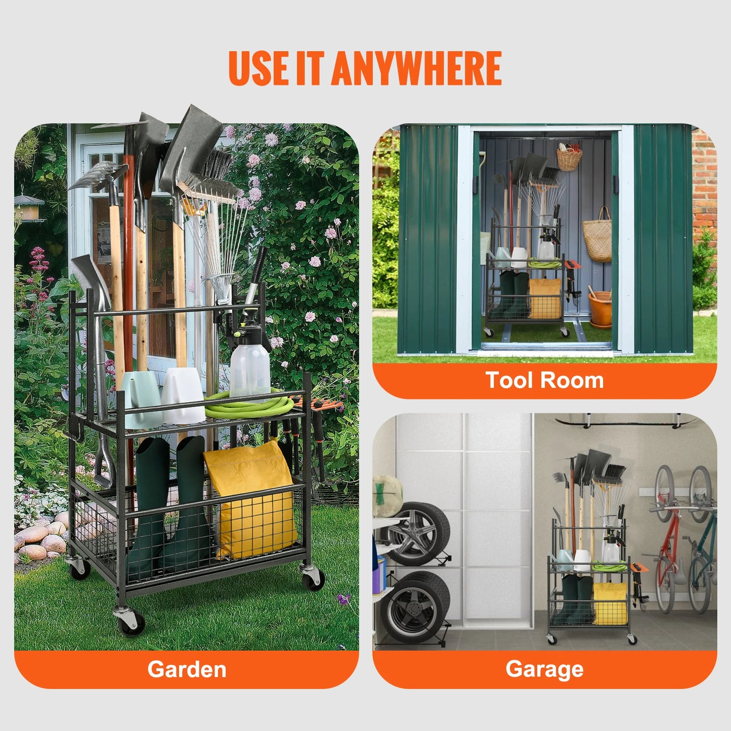 SucceBuy Garden Tool Organizer Tower Rack With Hooks And Wheels
