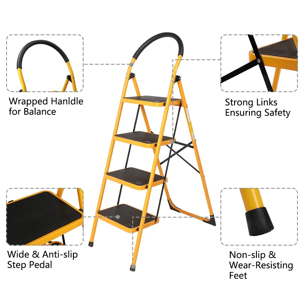 Folding 4 Step Ladder Stool Anti Slip Pedals Locking