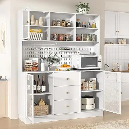 Kitchen Hutch Cabinet With 3 Metal Doors Pegboard Cup Holder And Power Outlet Freestanding
