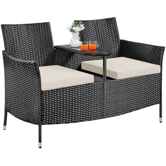 Patio Loveseat, Outdoor Wicker Double Chair w/Side Table, PE Rattan Furniture Set for Two People, Love Seat w/2 Removable Cushi