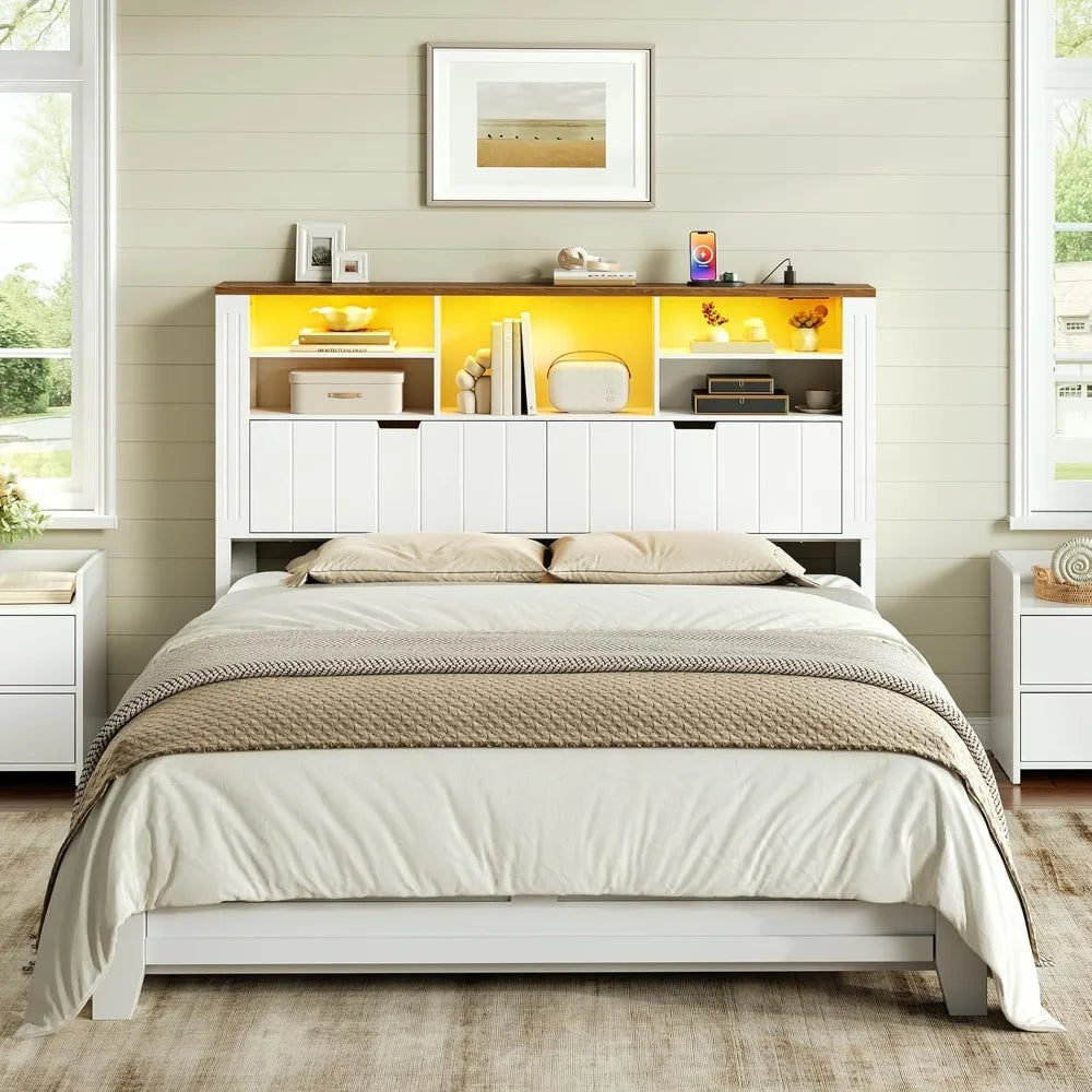 Farmhouse Headboard With Storage Bookcase Led Lights