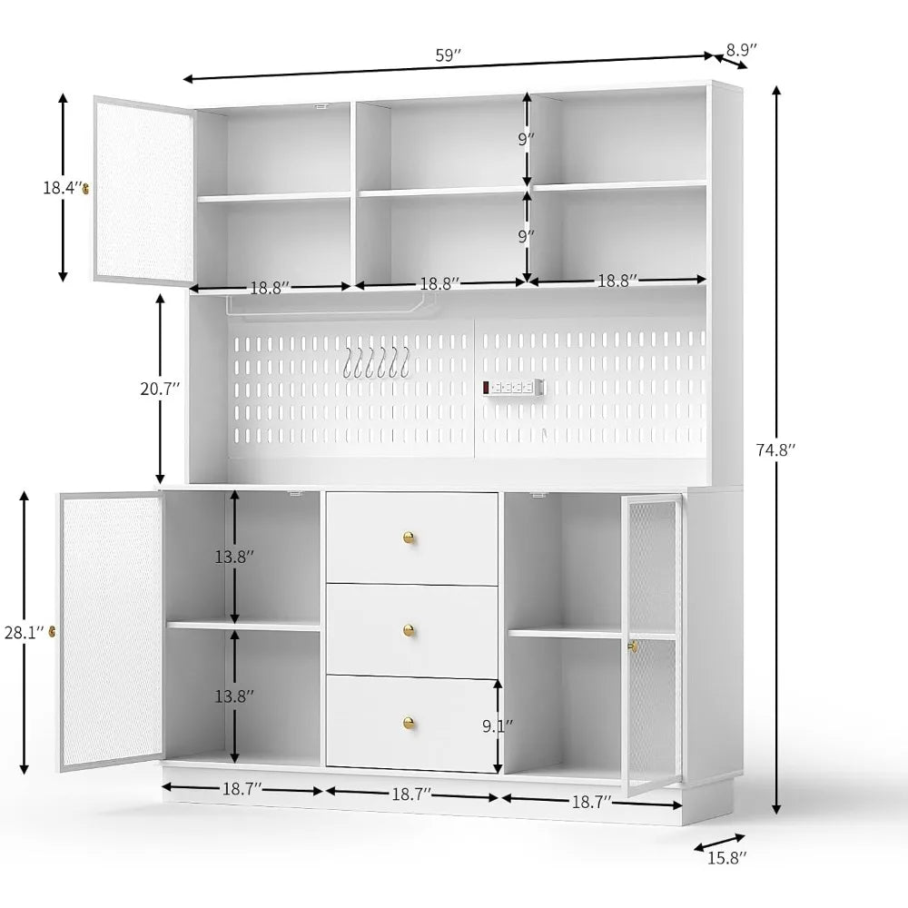 Kitchen Hutch Cabinet With 3 Metal Doors Pegboard Cup Holder And Power Outlet Freestanding