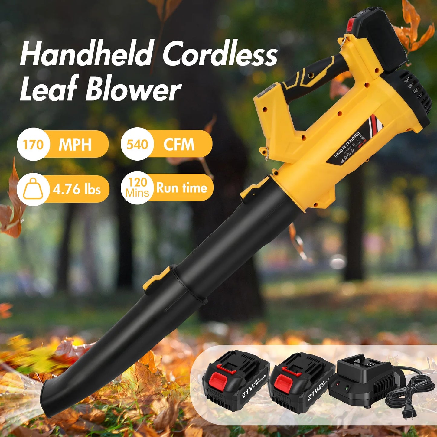 Cordless Leaf Blower Electric 21V With Dual 6.0Ah Batteries