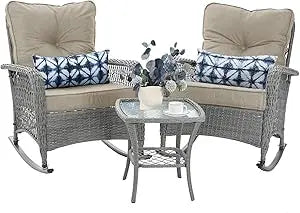 Outdoor Three Piece Rocking Bistro Set With Thick Cushions