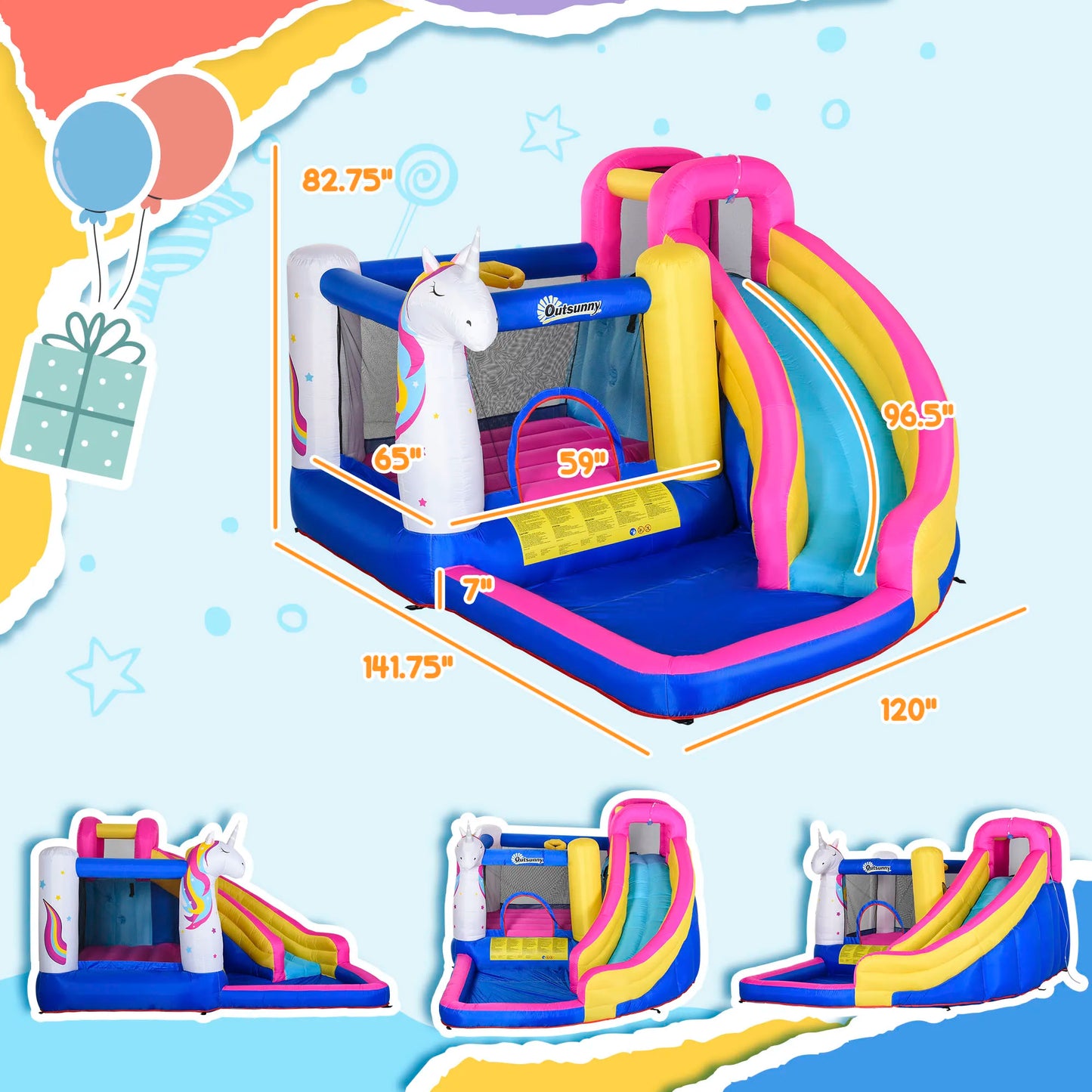 Outsunny Unicorn 5-in-1 Large Inflatable Bounce House Water Slide