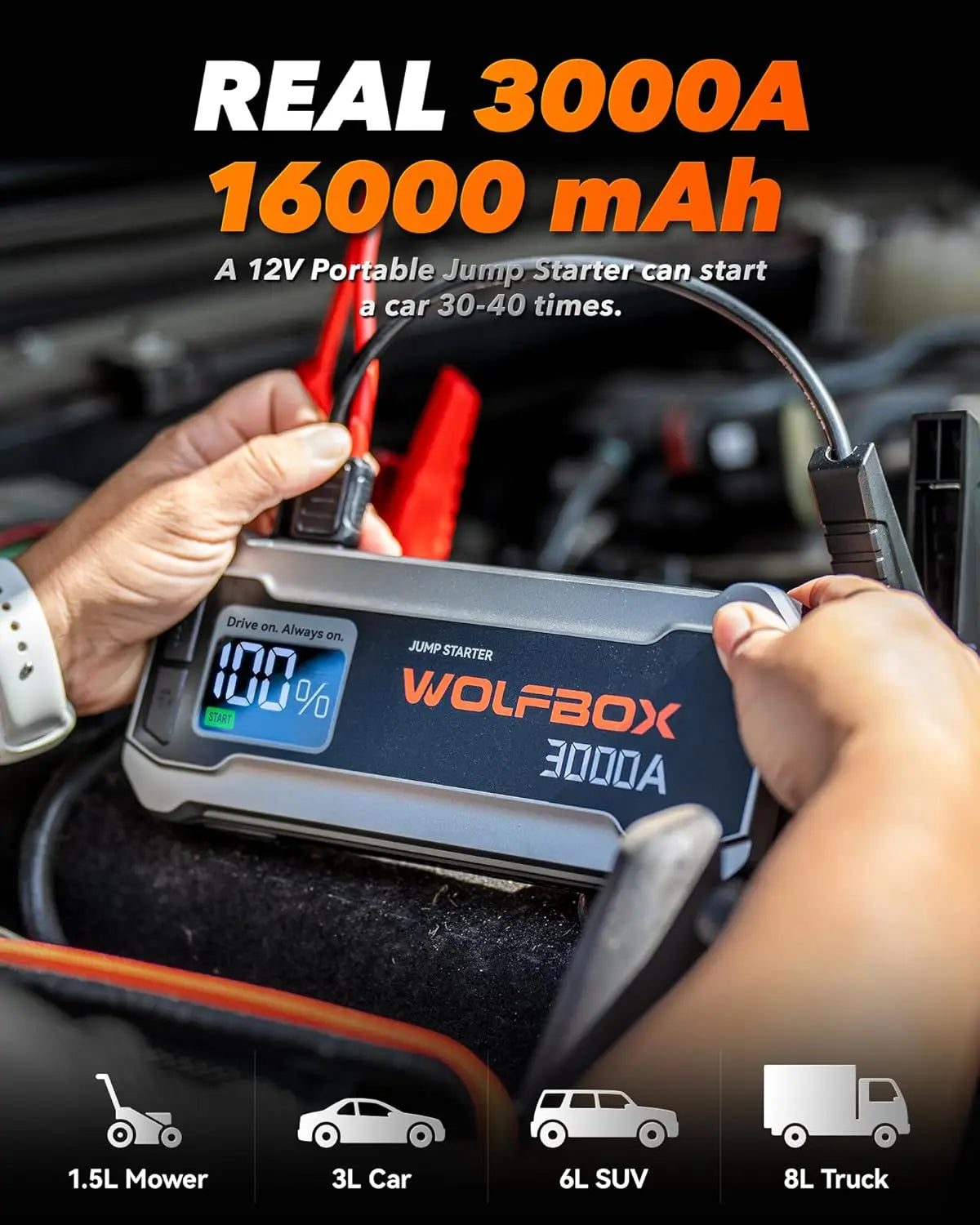 WOLFBOX 3000Amp Car Jump Starter Booster Battery Power Bank