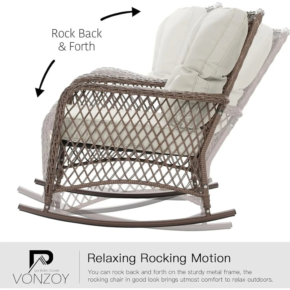 Outdoor Three Piece Rocking Bistro Set With Thick Cushions