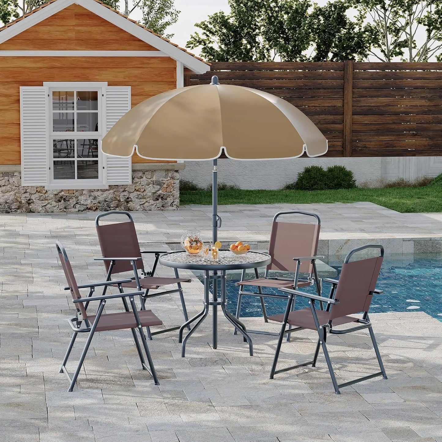 6 Piece Patio Dining Set for 4 with Umbrella, Outdoor Table and Chairs with 4 Folding Dining Chairs & Round Glass Table