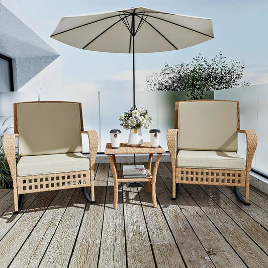ANGDUO 3 Piece Patio Rattan Rocking Chairs Set With Side Table