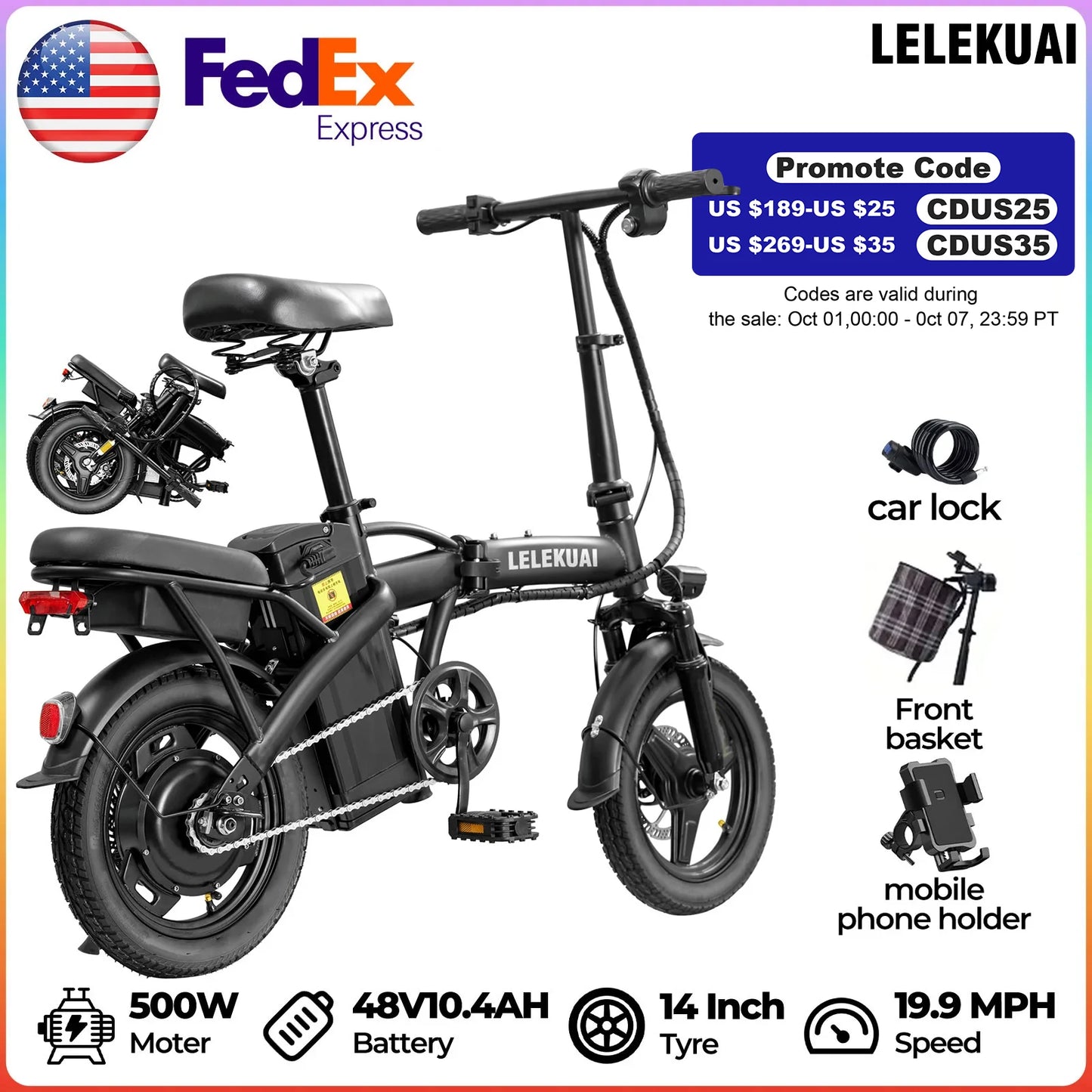 LELEKUAIF Folding Electric Bike T5D 500W Lithium Battery