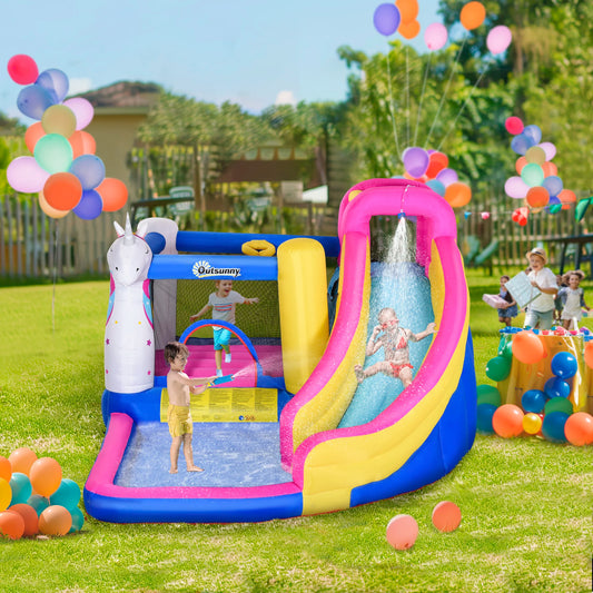 Outsunny Unicorn 5-in-1 Large Inflatable Bounce House Water Slide