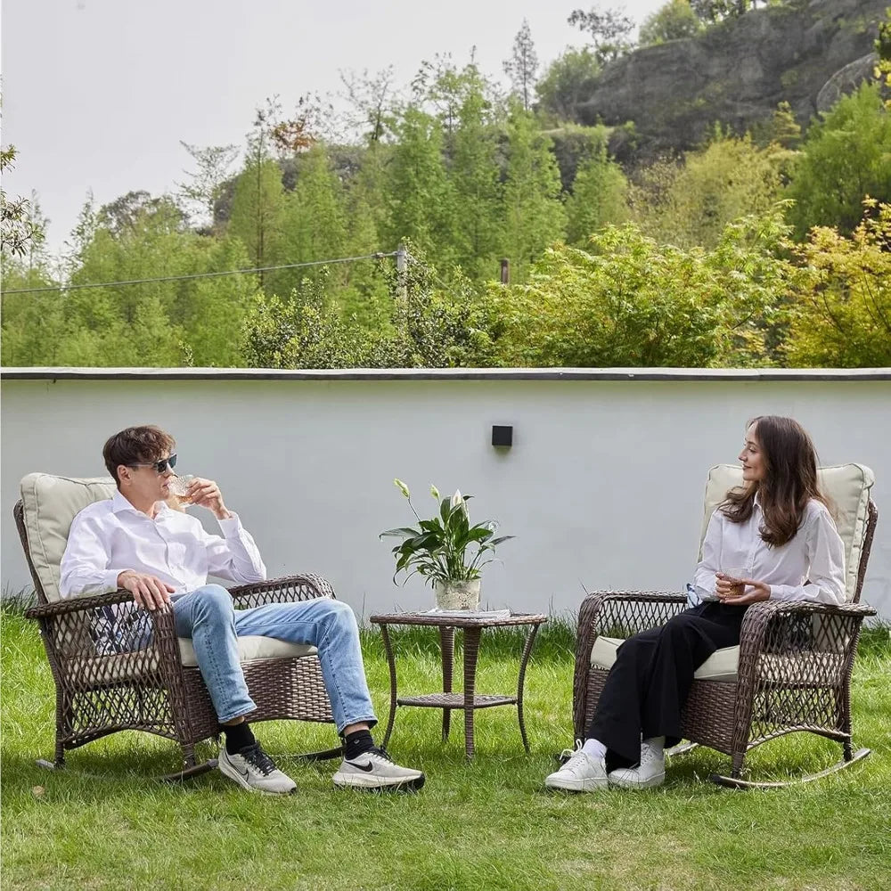 Outdoor Three Piece Rocking Bistro Set With Thick Cushions