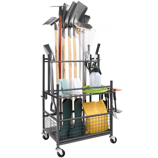 SucceBuy Garden Tool Organizer Tower Rack With Hooks And Wheels
