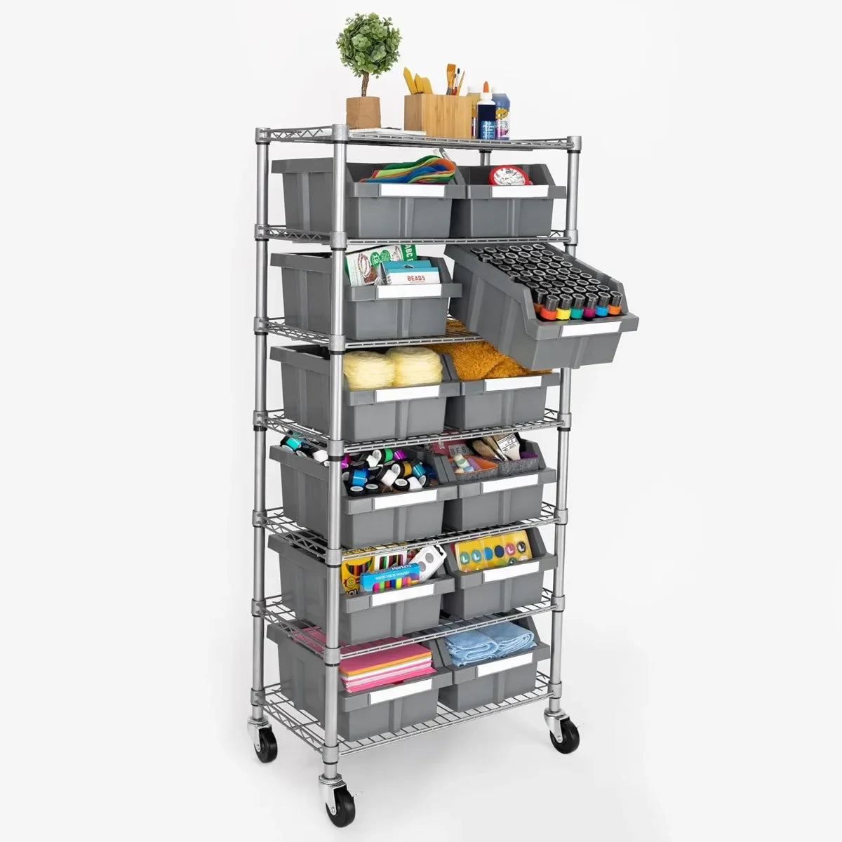 Wire Storage Rack With Bins For Garage Kitchen And Classroom