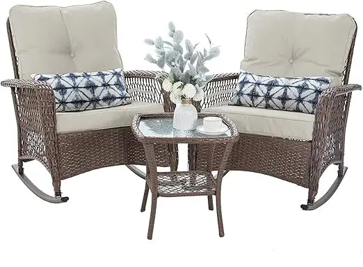 Outdoor Three Piece Rocking Bistro Set With Thick Cushions