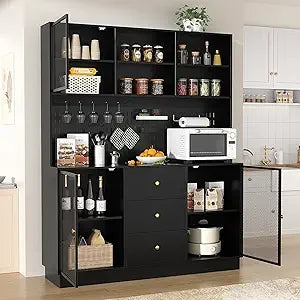 Kitchen Hutch Cabinet With 3 Metal Doors Pegboard Cup Holder And Power Outlet Freestanding