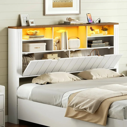 Farmhouse Headboard With Storage Bookcase Led Lights