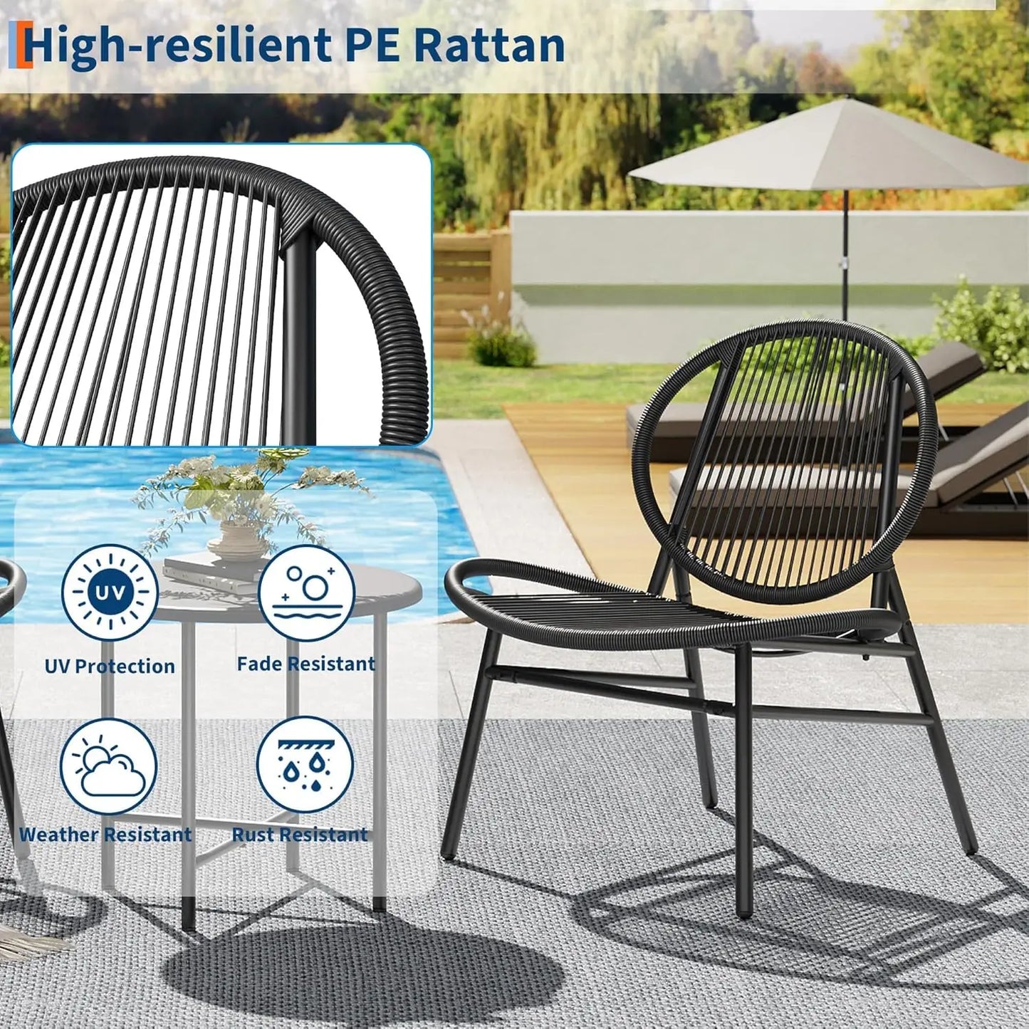 3 Piece Patio Bistro Set, Acapulco Chairs, Garden Bistro Set, Side Table and 2 Chairs, Patio Furniture Set, Indoor and Outdoor