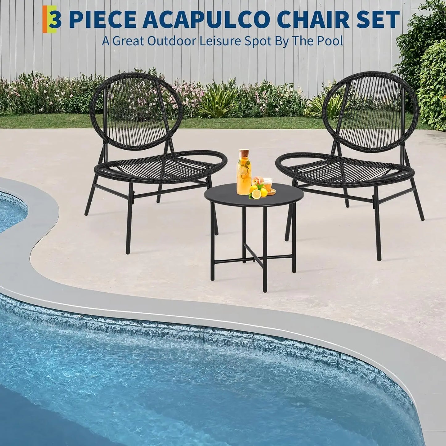 3 Piece Patio Bistro Set, Acapulco Chairs, Garden Bistro Set, Side Table and 2 Chairs, Patio Furniture Set, Indoor and Outdoor