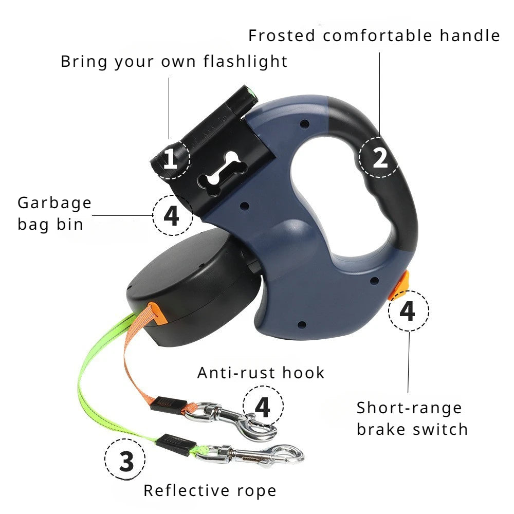 ZhejiangDog Double Retractable Dog Leash With Flashlight