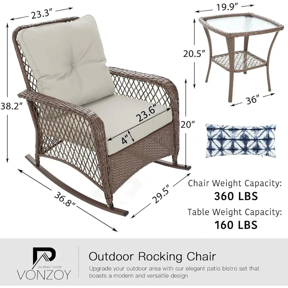 Outdoor Three Piece Rocking Bistro Set With Thick Cushions