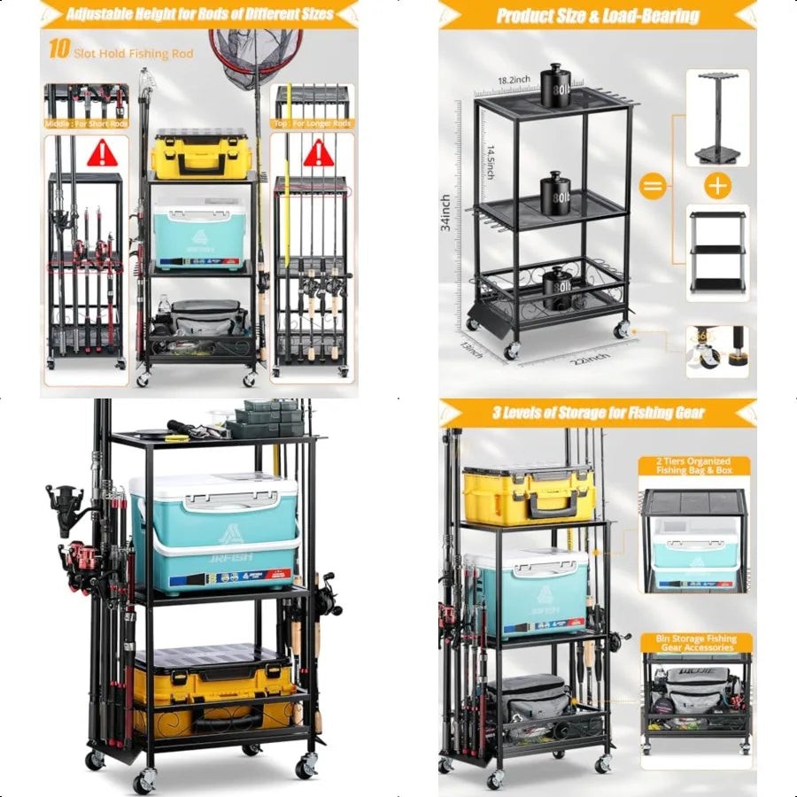 Multifunctional Fishing Rod Holder Organizer Rack TenRods With Adjustable Height