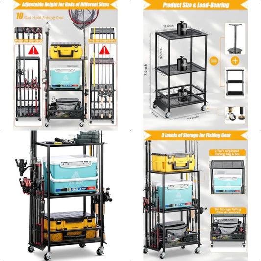 Multifunctional Fishing Rod Holder Organizer Rack TenRods With Adjustable Height