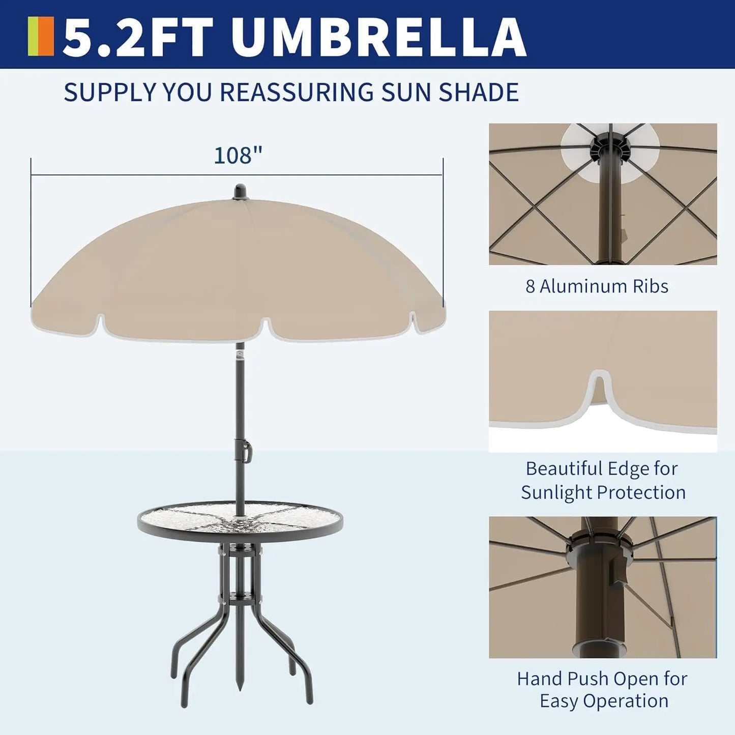 6 Piece Patio Dining Set for 4 with Umbrella, Outdoor Table and Chairs with 4 Folding Dining Chairs & Round Glass Table