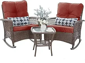Outdoor Three Piece Rocking Bistro Set With Thick Cushions