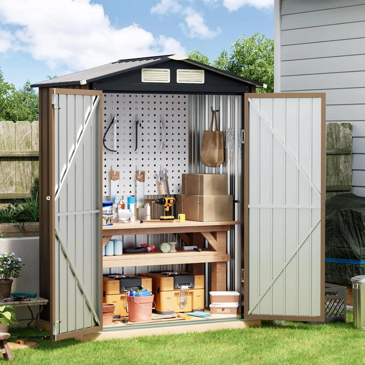 XMSJ Outdoor Steel Storage Shed Lockable Doors for Garden