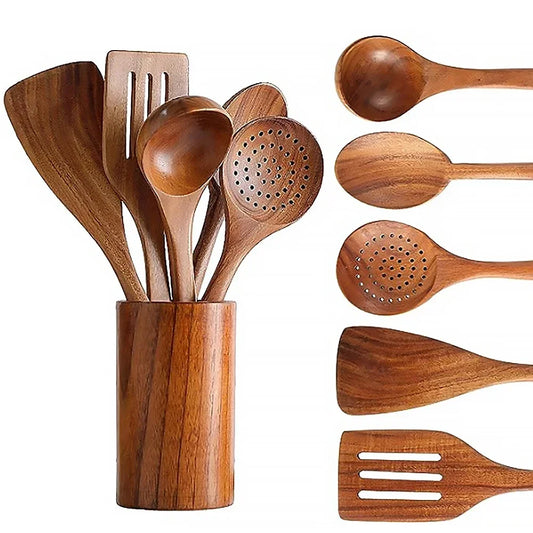 AJOYOUS 6 Piece Kitchenware Set Teak Wood Cooking Tools