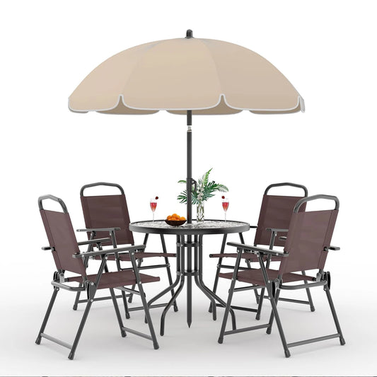 6 Piece Patio Dining Set for 4 with Umbrella, Outdoor Table and Chairs with 4 Folding Dining Chairs & Round Glass Table