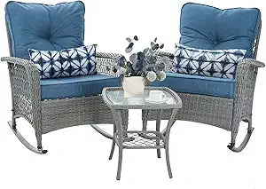 Outdoor Three Piece Rocking Bistro Set With Thick Cushions