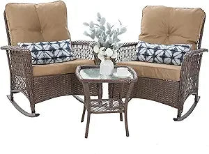 Outdoor Three Piece Rocking Bistro Set With Thick Cushions
