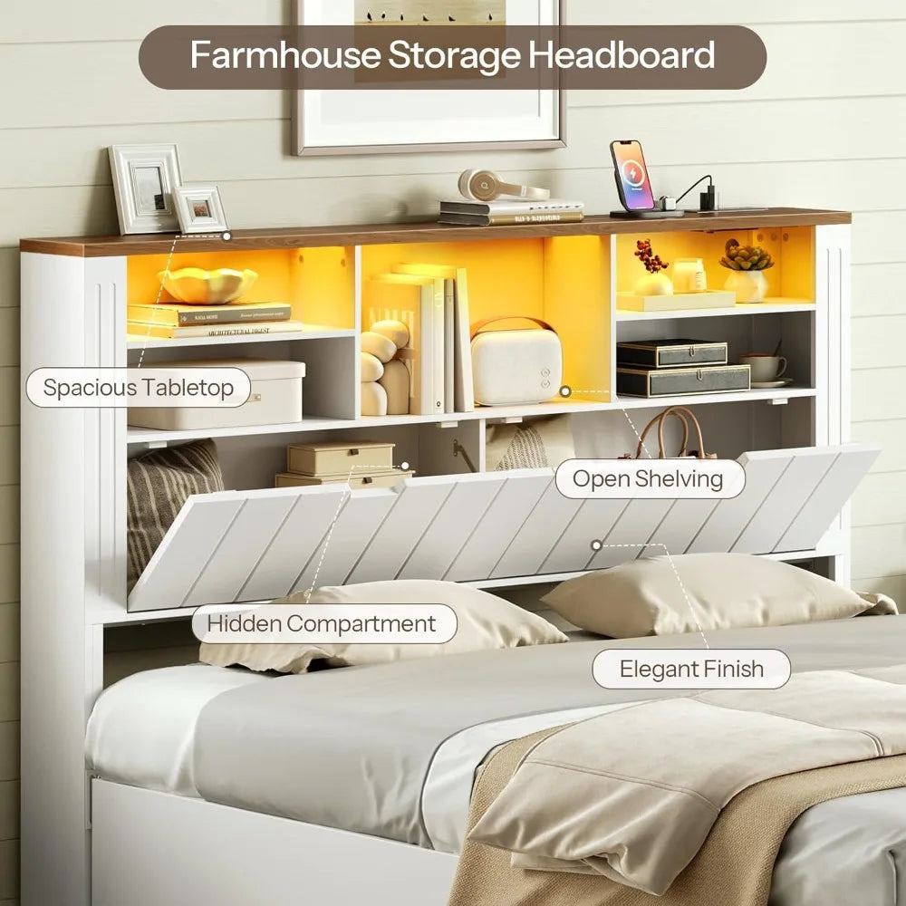 Farmhouse Headboard With Storage Bookcase Led Lights