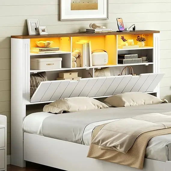 Farmhouse Headboard With Storage Bookcase Led Lights