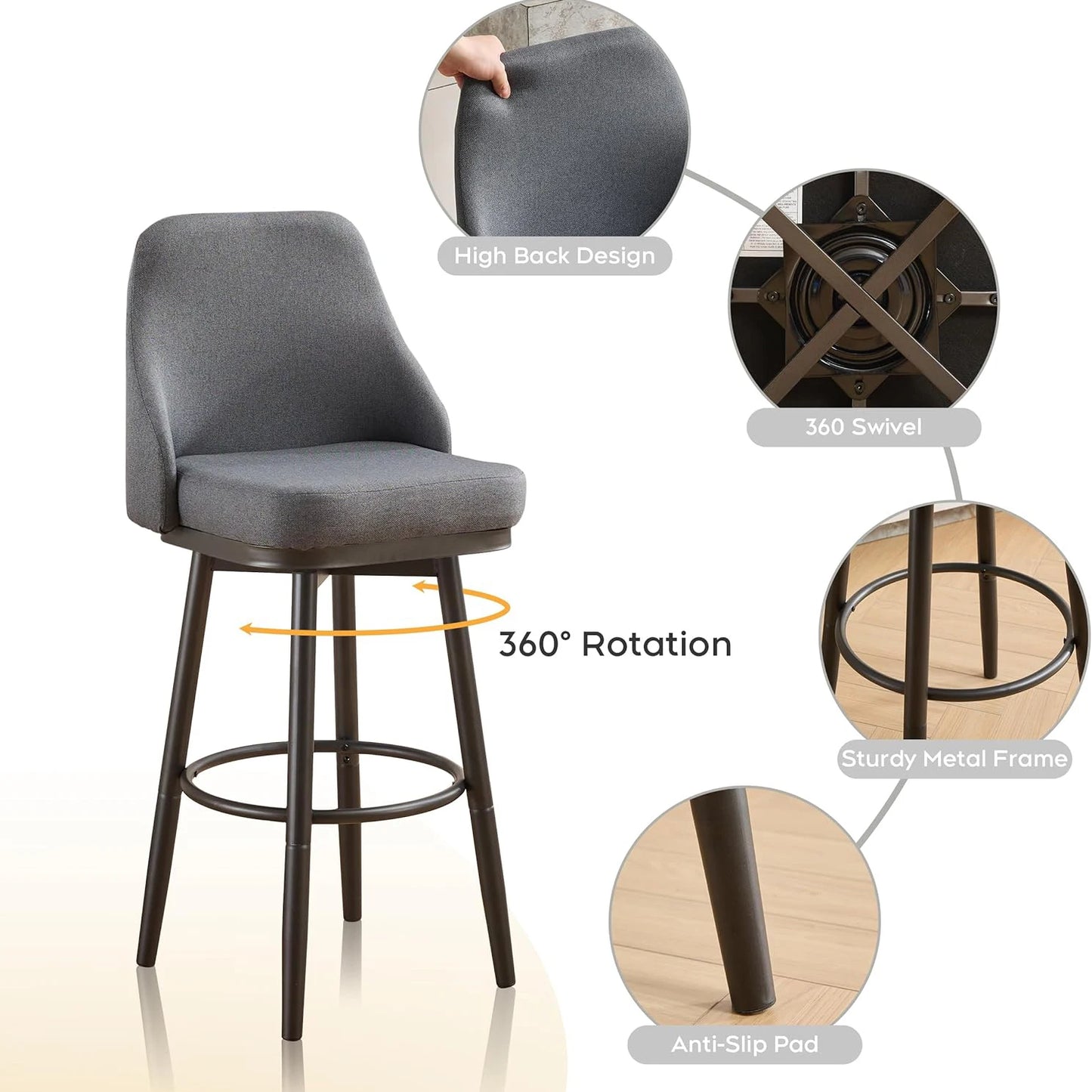 Todrani Chenille Adjustable Height Swivel Bar Stools With Back For Kitchen Island Dining Cafe