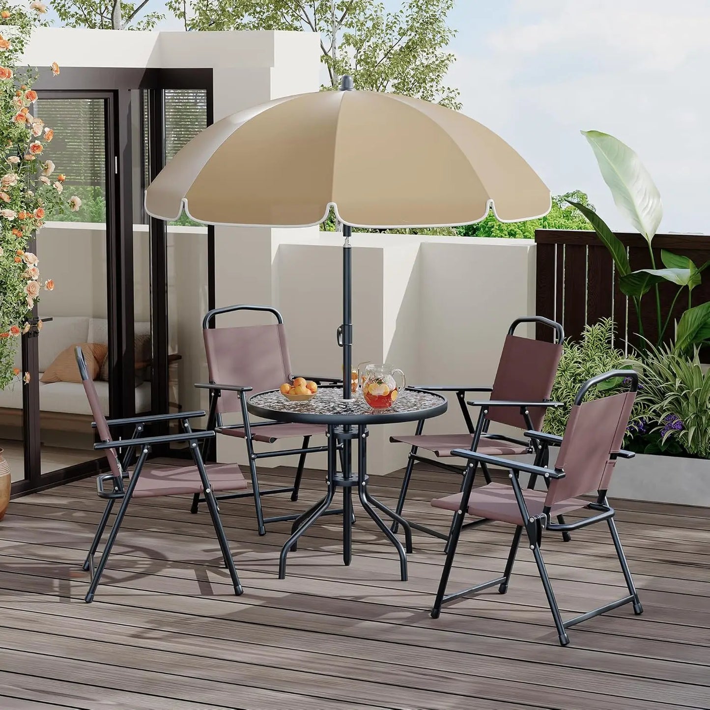 6 Piece Patio Dining Set for 4 with Umbrella, Outdoor Table and Chairs with 4 Folding Dining Chairs & Round Glass Table