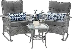 Patio Furniture Set 3 Pieces, Rocking Bistro Set with Thick Cushions, Brown Wicker Outdoor Rocker Chairs and Coffee Table for Po