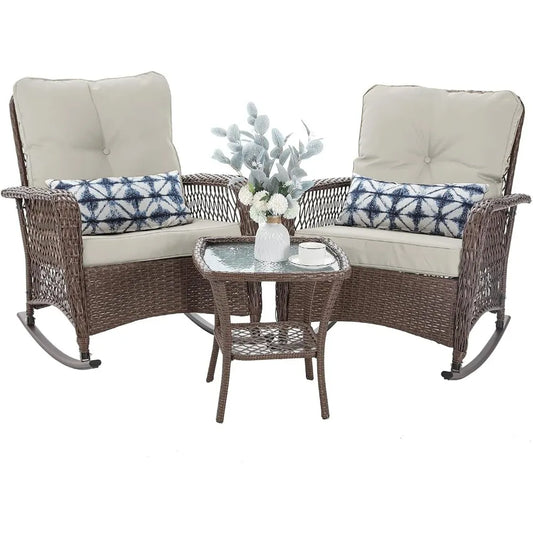 Outdoor Three Piece Rocking Bistro Set With Thick Cushions
