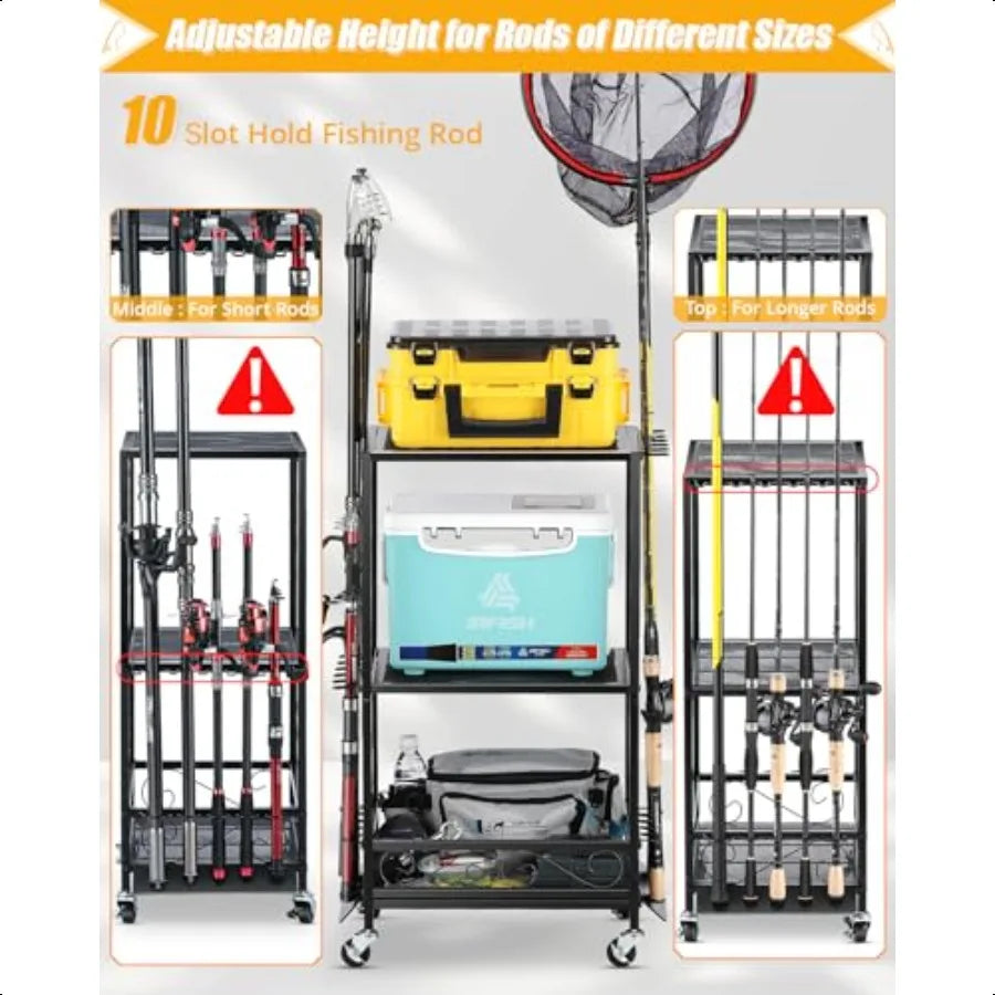 Multifunctional Fishing Rod Holder Organizer Rack TenRods With Adjustable Height