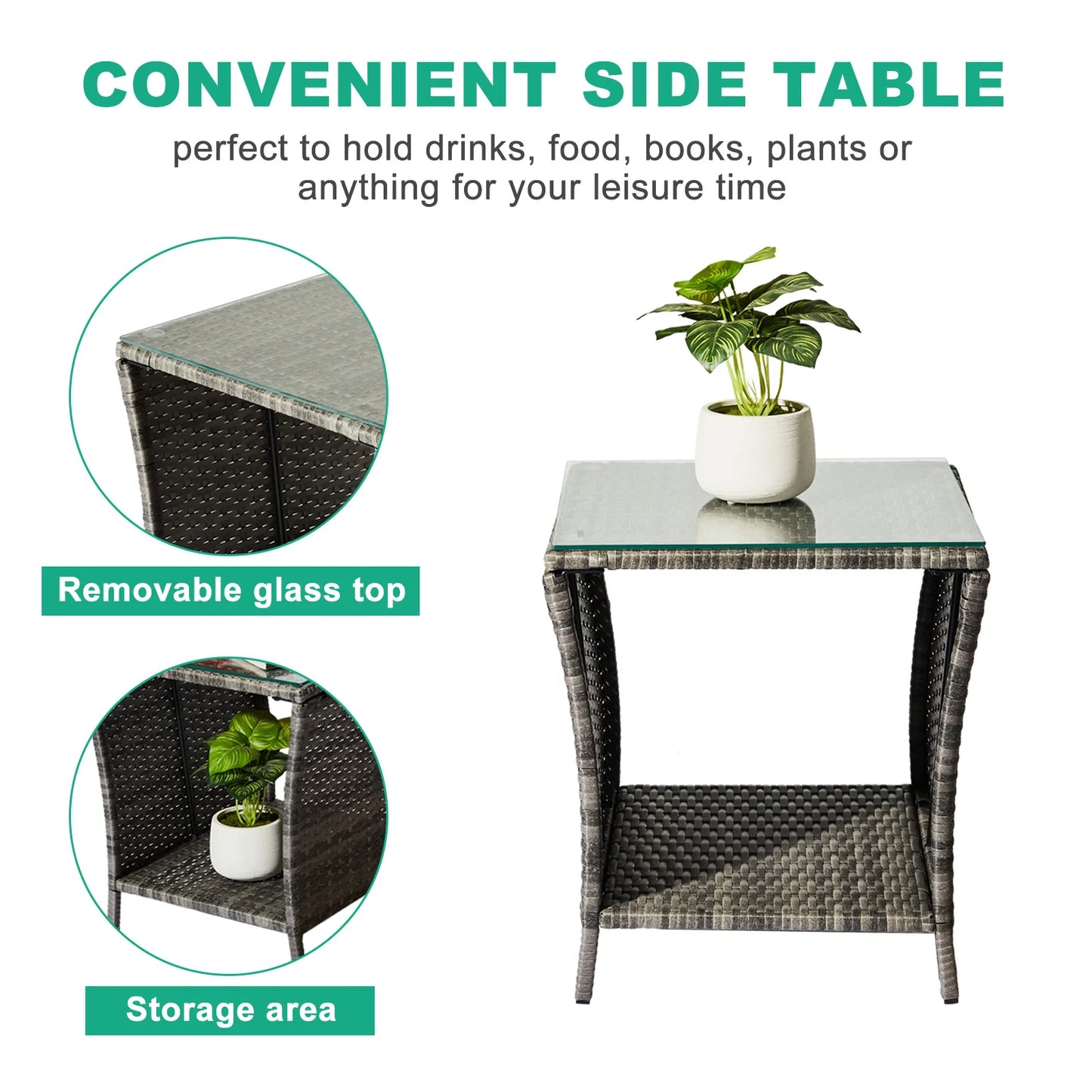 Outdoor Patio Wicker Side Table With Glass Top and Storage