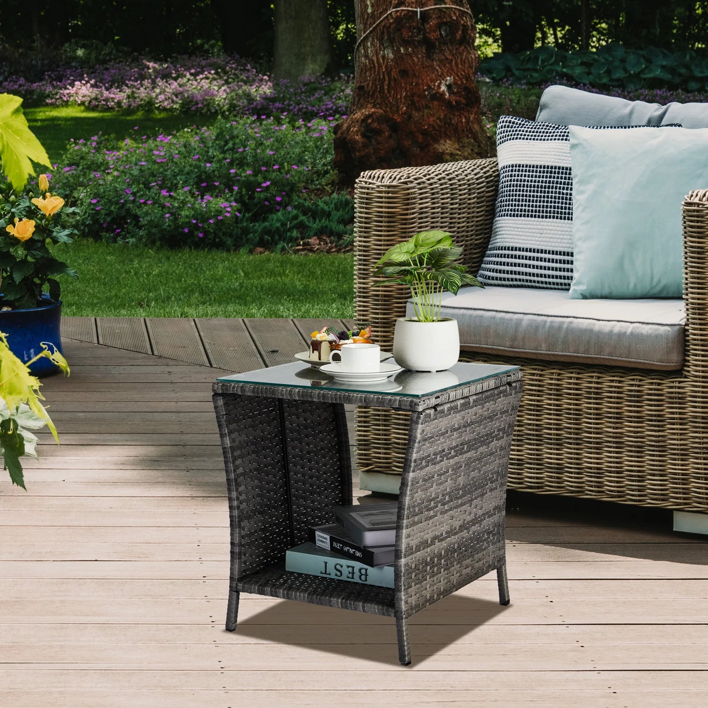 Outdoor Patio Wicker Side Table With Glass Top and Storage